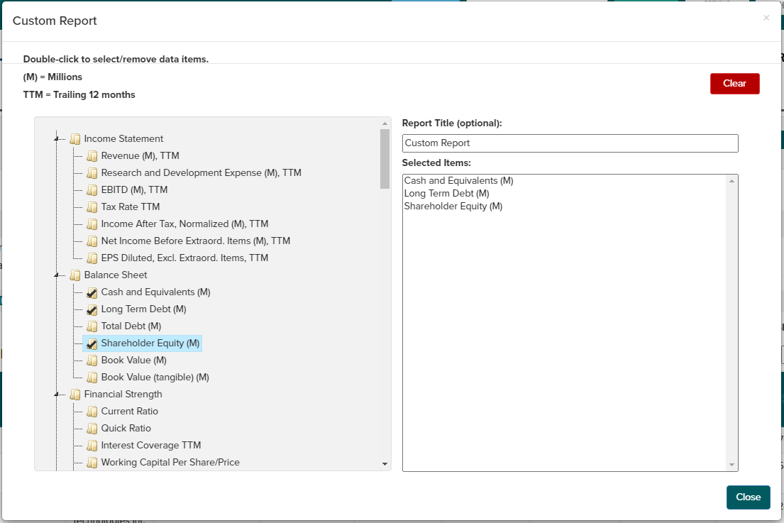 Image showing Custom Report data item selection dialog.
