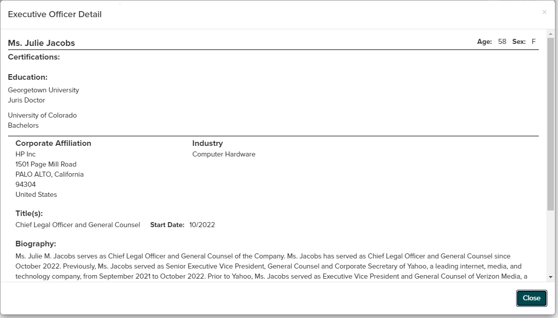 Image showing pop-up "Executive Officer Detail" dialog box for selected executive.